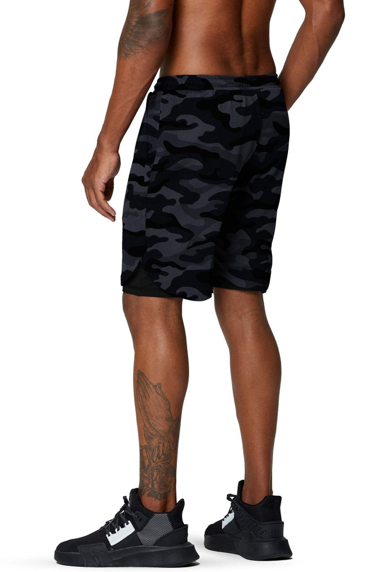 Pinkbomb Men's 2 in 1 Running Shorts Gym Workout Quick Dry Mens Shorts with Phone Pocket (Grey Camo, X-Large - Image 5